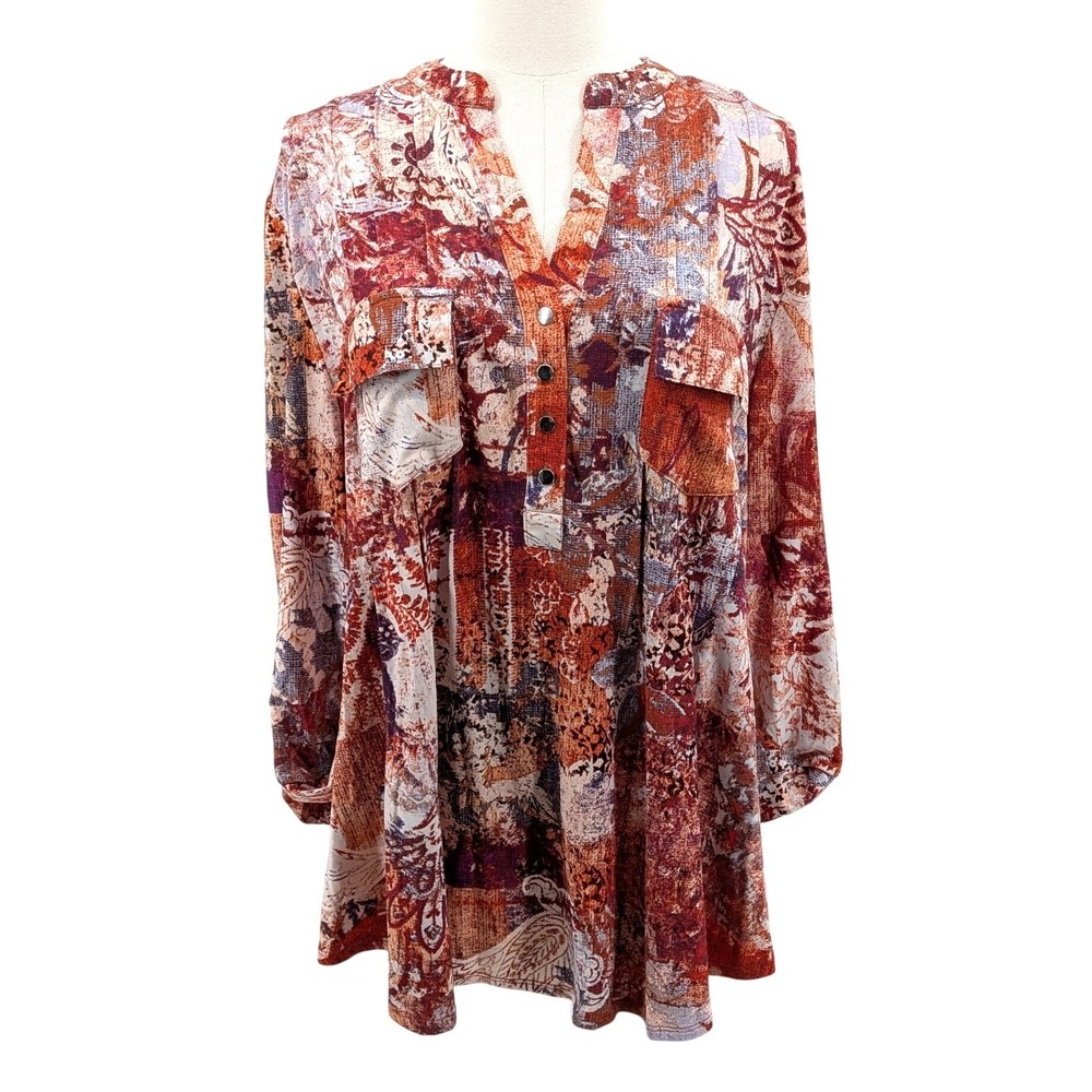 Abstract Paisley Print Tunic Blouse 3/4 Sleeve Pocket Boho Ava & Grace 1X